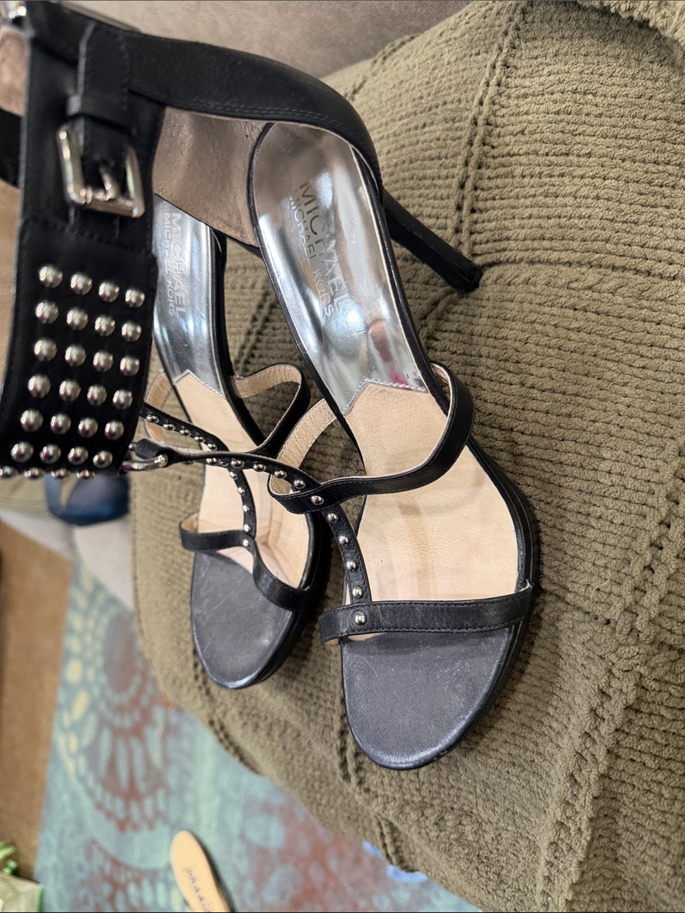 Michael Kors Black Studded T-Strap High Heel Sandals - Picture 3 of 9